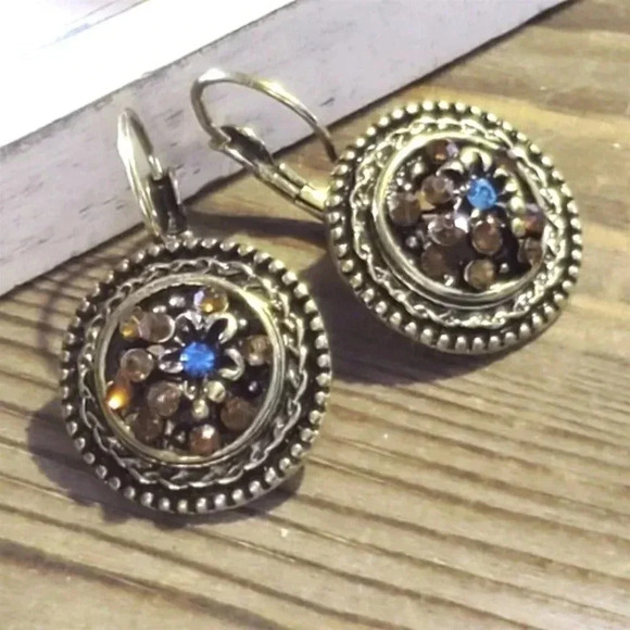 Antique Brass Orange Blue Rhinestone Art Nouveau Style Leverback Earrings - Picture 2 of 12